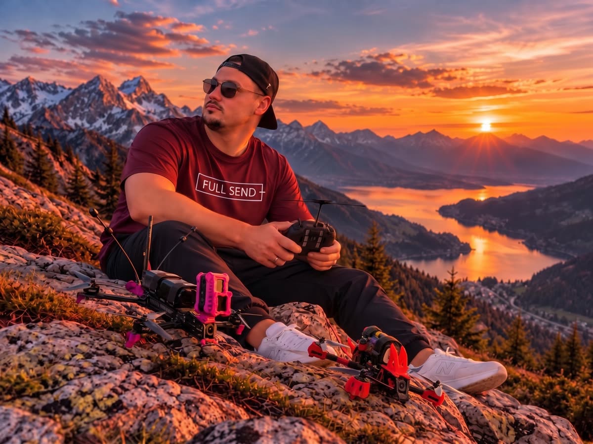 Patrick Dümke (laqis) mit FPV-Drohnen und Funke auf einem Berg bei Sonnenuntergang